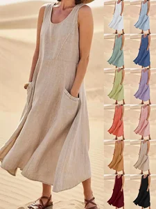Image of Women's Sleeveless Summer White Plain Split Joint Crew Neck Daily Going Out Casual Maxi A-Line Fit & Flare Dress Dress