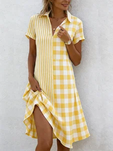 Image of Elegant Loose Shawl Collar Geometric Shirt Dress With No