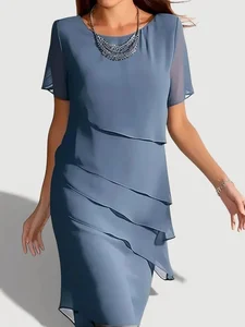 Image of Crew Neck Plain Regular Fit Elegant Dress With No