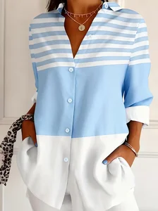 Image of Women's Long Sleeve Shirt Spring/Fall Blue Striped Buckle Shirt Collar Regular Sleeve Daily Going Out Casual Top