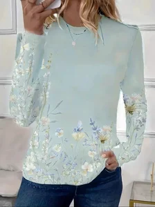 Image of Women's Floral Spring Print Round Neck Long Sleeve T-Shirt