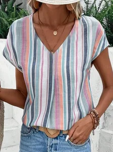 Image of Women's Striped Print Casual V-Neck Short Sleeve T-Shirt