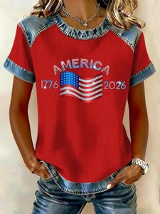 Image of Women's 250th Anniversary Of The Founding Of the United States Short Sleeve T-shirt Summer Text Letters Printing Jersey Crew Neck Daily Going Out Casual Top