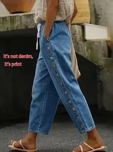 Image of Women's H-Line Baggy Pants Daily Going Out Pants Blue Casual Buckle Faux Denim Print Graphic Spring/Fall Pants
