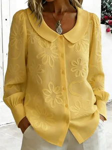 Image of Embroidery Floral Long Sleeve Crew Neck Button Spring Loose Going Out Casual Top