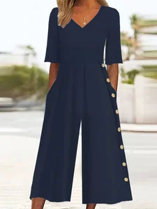 Image of Women's H-Line V Neck Daily Going Out Casual Printing Plain Summer Ankle Pants Jumpsuit Romper