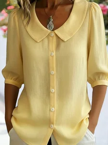 Image of Women Short Sleeve Crew Neck Button Spring Loose Going Out Casual Top