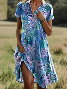 Image of Cotton Floral Regular Fit Casual Dress With No