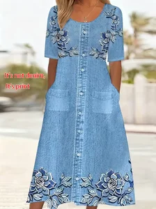 Image of Women's Short Sleeve Summer Pink Floral Printing Crew Neck Daily Going Out Casual Maxi H-Line Shift Dress Dress
