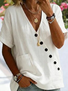 Image of Plain Cotton Linen Top Short Sleeve V Neck Button Patch Pocket Summer Going Out Casual Shirt