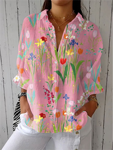 Image of Women's Retro Floral Print Casual Cotton And Linen Shirt