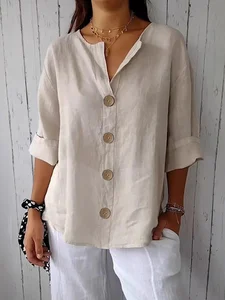 Image of Casual Plain Buttoned Crew Neck Shirt