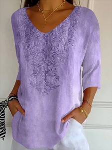 Image of Women Casual Floral V neck Printing Daily Loose Three Quarter Sleeve T-shirts