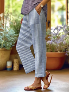 Image of Women's Straight Pants Going Out Pants Blue Casual Printing Striped Spring/Fall Pants