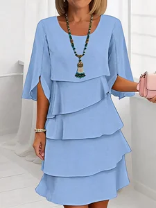 Image of Elegant Multi-Tiered Crepe Dress with Flutter Sleeves - Wrinkle-Resistant A-Line Silhouette