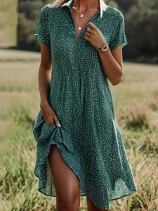 Image of Women's Polka Dot Print Lapel Short Sleeve Dress