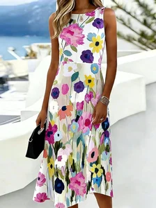 Image of Loose Floral Elegant Crew Neck Dress With No
