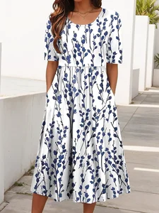 Image of Women's Short Sleeve Summer White Floral Printing Crew Neck Daily Going Out Casual Maxi H-Line Shift Dress Dress