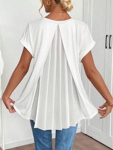Image of Plain Back Pleated V Neck Short Sleeved Casual Top
