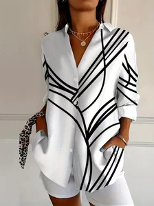 Image of Women's Long Sleeve Shirt Spring/Fall White Abstract Buckle Shirt Collar Regular Sleeve Daily Going Out Casual Top