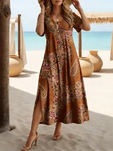 Image of Women's Short Sleeve Summer Brown Floral Printing Crew Neck Daily Going Out Casual Maxi H-Line T-Shirt Dress Dress