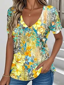 Image of V Neck Loose Ethnic Botanical Pattern T-Shirt