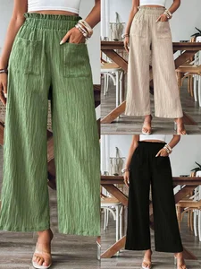 Image of Women's Elastic Waist H-Line Wide Leg Pants Daily Going Out Pants Green Casual Split Joint Plain Spring/Fall Pants