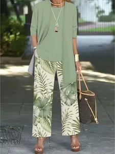 Image of Women's Printing Plants Daily Going Out Matching Outfit Green Casual Spring/Fall Multi-Piece Set Matching Set