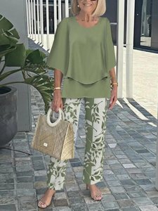 Image of Bell Sleeve Crew Neck Casual Loose Two-Piece Set
