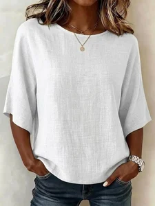 Image of Women's Half Sleeve Blouse Summer White Plain Printing Crew Neck Daily Going Out Vintage Top