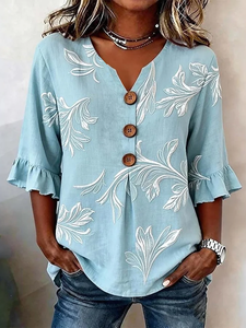 Image of Women's Half Sleeve Blouse Summer Blue Floral Printing V Neck Daily Going Out Vintage Top