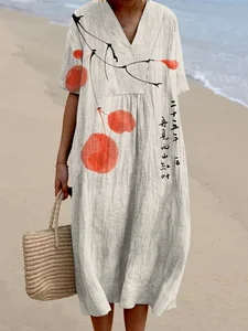 Image of Vintage Ink Wash Painting V Neck Casual Midi Dress