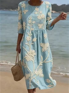 Image of Women’s Blue Embroidery-Inspired Long Sleeve Round Neck Beach Midi Dress for Vacation