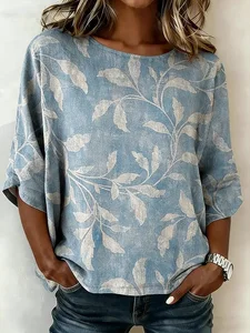 Image of Cotton And Linen Leaf Loose Vintage Shirt