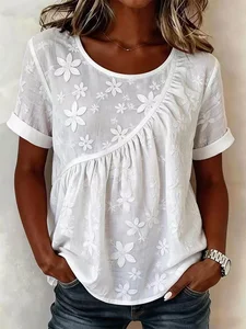 Image of Round Neck Short Sleeve Embroidery Floral Summer Casual Top