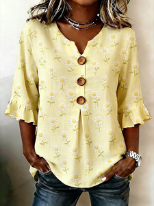 Image of Women's Half Sleeve Blouse Summer Yellow Floral Printing V Neck Daily Going Out Vintage Top
