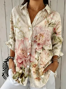 Image of Women's Retro Floral Blouse with Mid-Length Sleeves