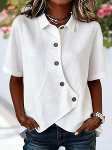 Image of Women’s White Cotton Linen Asymmetric Button Front Short Sleeve Casual Shirt