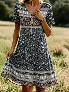 Image of Women's Vintage Floral V-Neck Short-Sleeve Dress