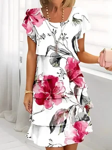 Image of Floral Print Casual Crew Neck Short Sleeve Spring/Summer Chiffon Dress