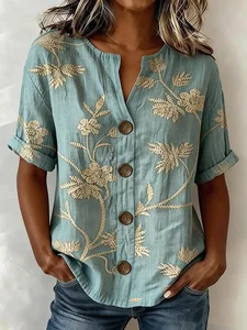 Image of Women's Floral Print Linen Blend V-Neck Button Front Rolled Sleeve Blouse