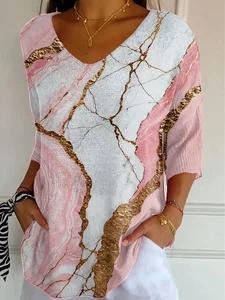 Image of Women's Three Quarter Sleeve T-shirt Spring/Fall Pink Abstract Printing V Neck Daily Going Out Casual Top