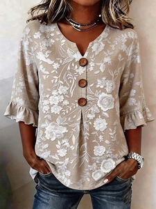Image of Women's 3D Floral Print V-Neck Half Sleeve Shirt with Wooden Buttons