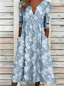 Image of Women’s Light Blue Floral V Neck Maxi Dress Boho Casual Dress