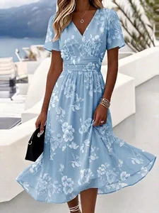 Image of Women’s Light Blue Floral Print Wrap V Neck Midi Dress Boho Summer Dress