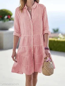 Image of Women's Long Sleeve Spring/Fall Pink Striped Split Joint Shawl Collar Daily Going Out Vintage Midi A-Line Shirt Dress Dress