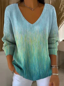 Image of Women's Long Sleeve T-shirt Spring/Fall Green Abstract Printing V Neck Daily Going Out Casual Top