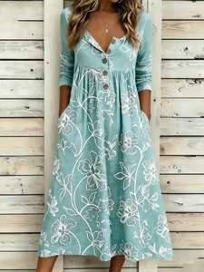 Image of Floral Vintage Half Open Collar Dress With No