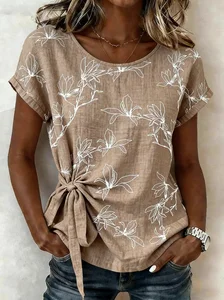 Image of Elegant Loose Botanical Pattern Crew Neck Shirt