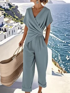 Image of Casual Plain V Neck Two-Piece Set